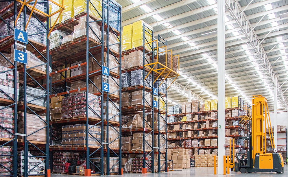 There are 500 pallet racks set up to store both reserve goods used for picking