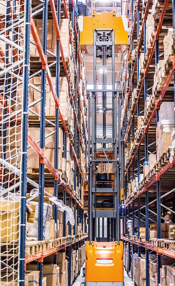 This warehouse sector contains eight 1.9 m wide aisles with pallet racks on both sides. Operators handle the pallets utilising trilateral forklifts