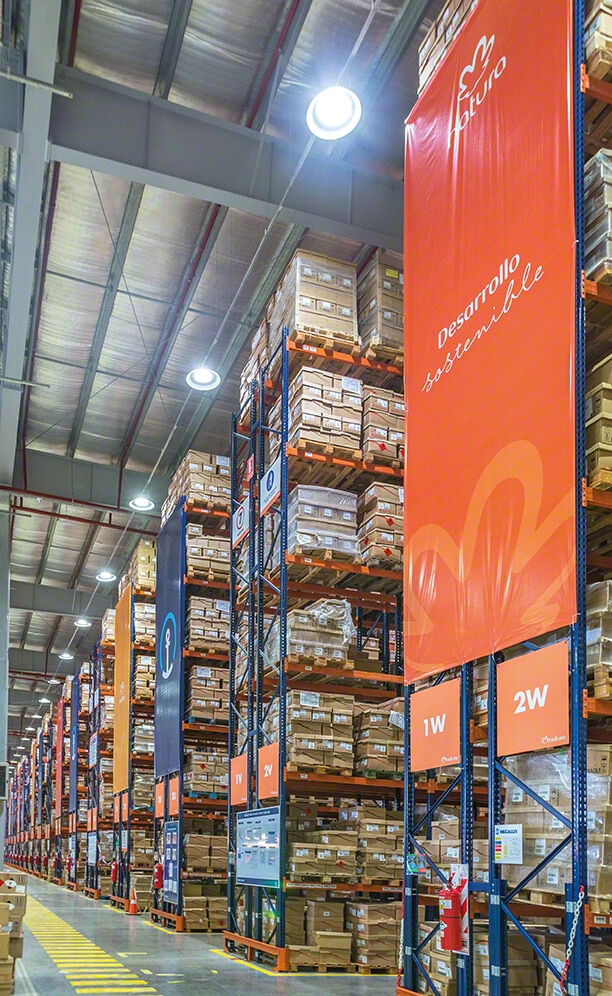 The 9.5 m high racks contain seven storage levels, with the first level on the ground floor