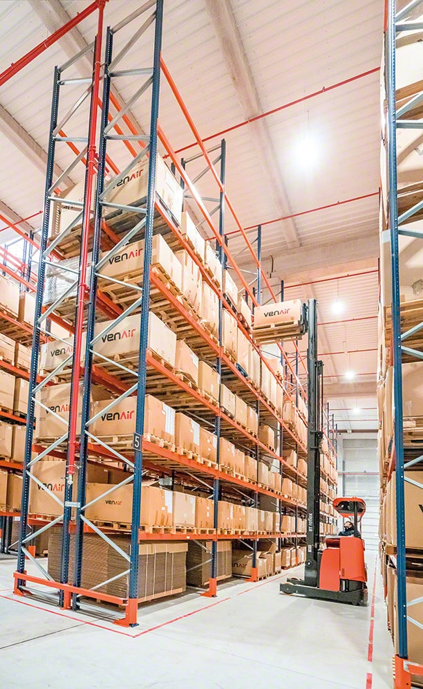 These racks are operated by reach trucks