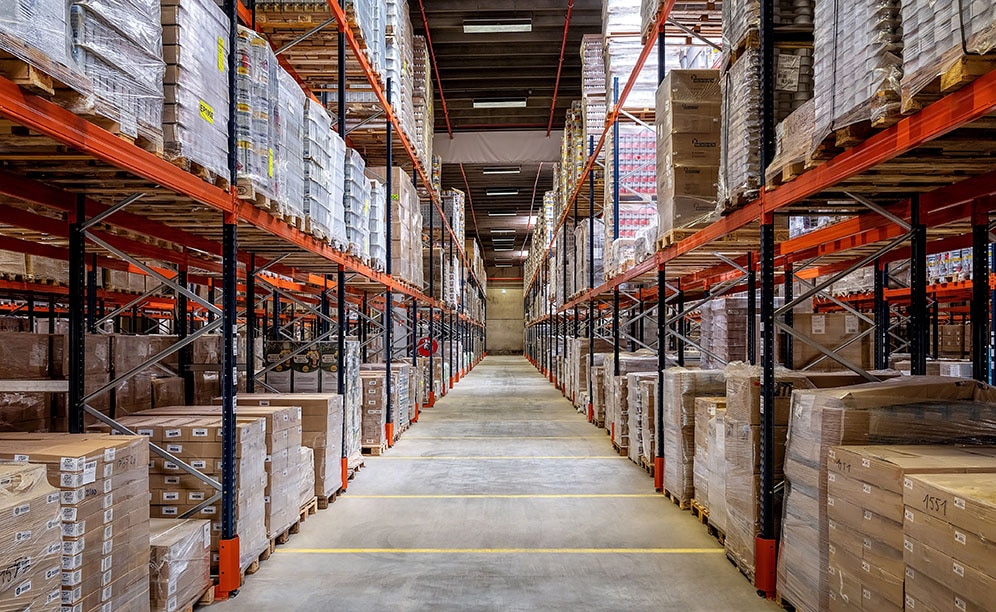 Pallet racking in the warehouse of logistics operator Dometrans in France