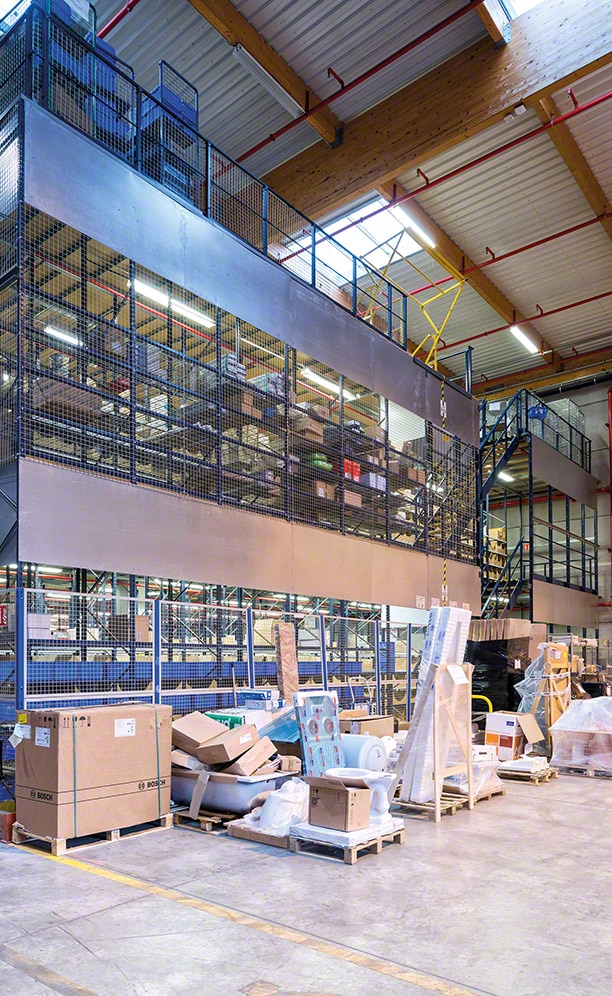 It includes a mezzanine that uses warehouse space at heights to provide two more levels above the ground floor, which triples the useful warehouse surface area