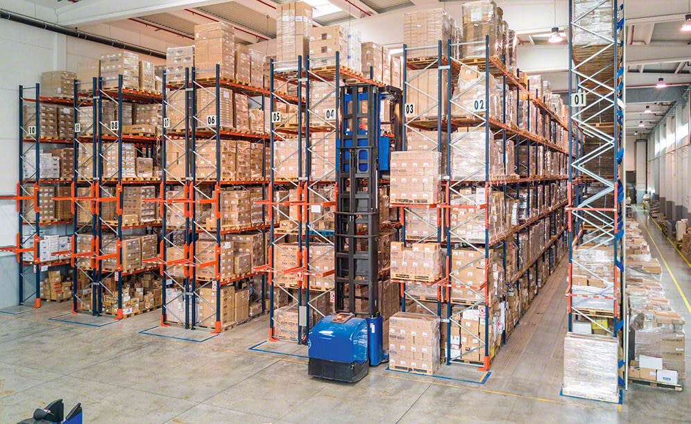They operate by Very Narrow Aisle (VNA) trucks that insert and extract pallets from their corresponding locations