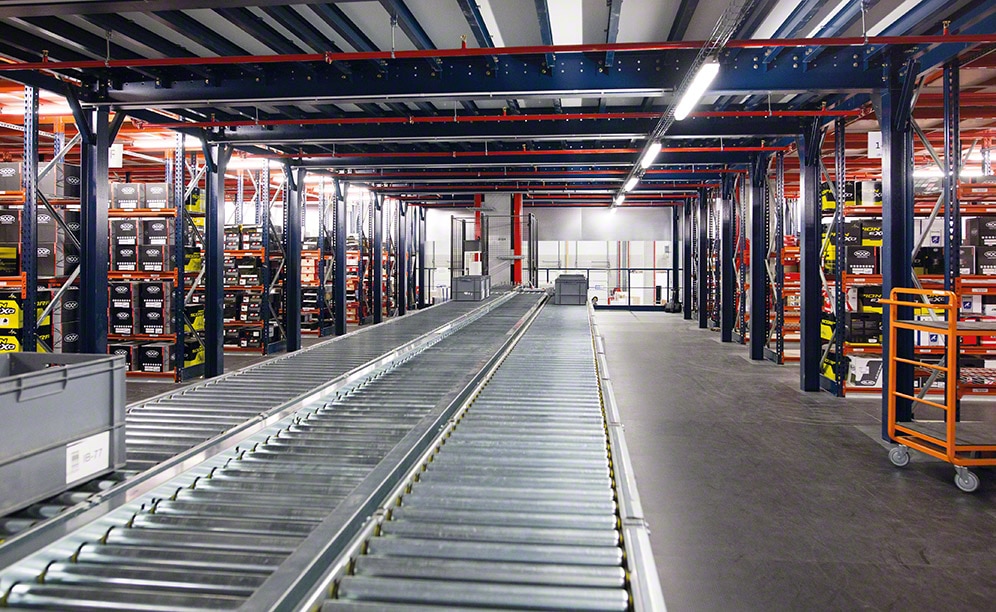 A mezzanine structure is set up in the central aisle, which joins the two blocks of racks with walkways; thus, the conveyor circuit passes through each floor