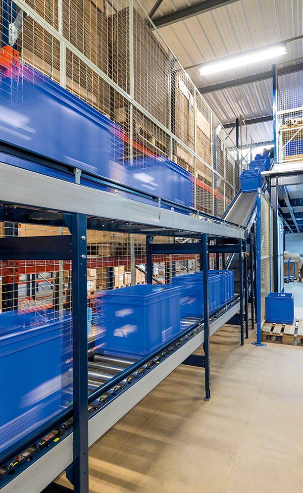 The conveyor system is comprised of two levels: the lower conveyor that moves prepared orders and the upper, 5.8 m high one, whose job is to dispense empty boxes that will be used by the operators for picking