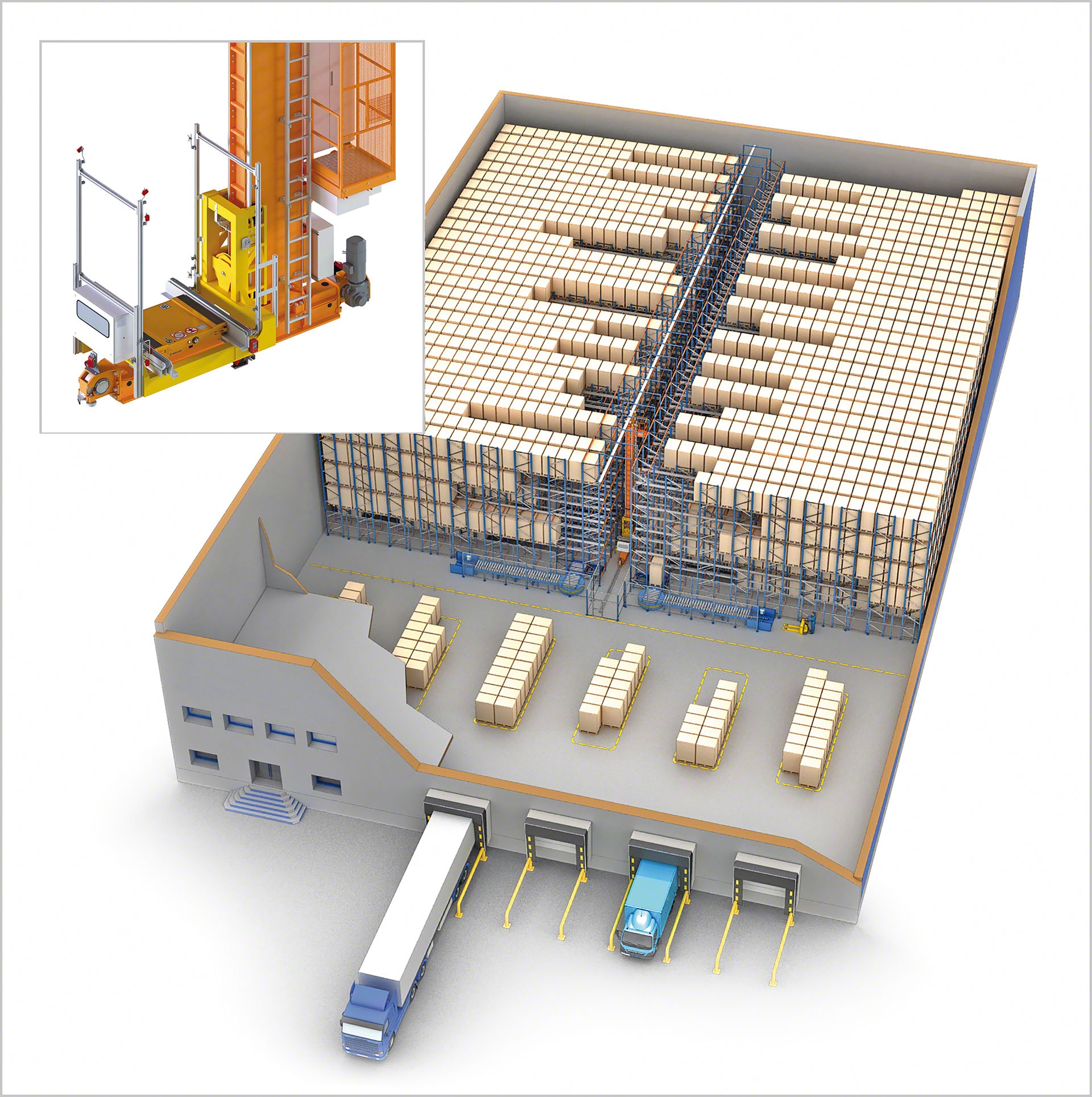 The combination of stacker crane and APS allows maximize the storage capacity, because only a small aisle is required