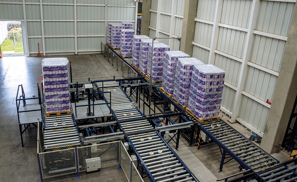 The recirculating conveyor circuit (double circuit) allows the management of inputs coming from production and from outside, as well as direct dispatches of palletised goods from the warehouse