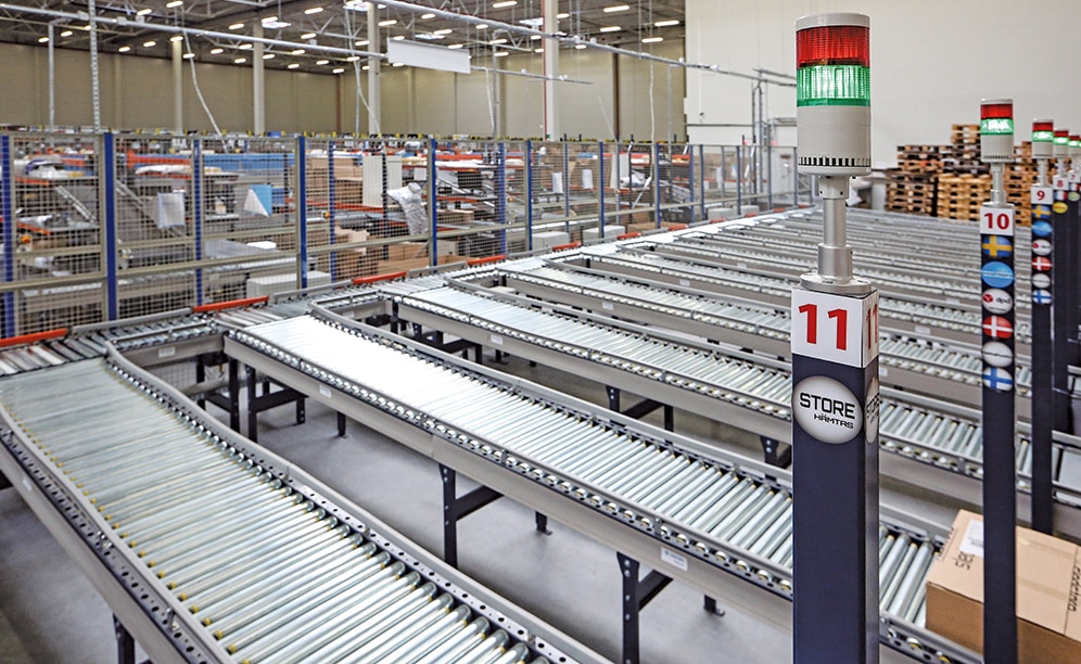 The consolidation zone located in front of the picking shelves includes 12 consolidation stations and 13 order sorting ramps