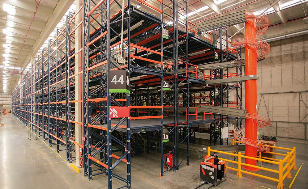 The Picking blocks on three floors joined by a conveyor belt that connects and moves goods to the sorter