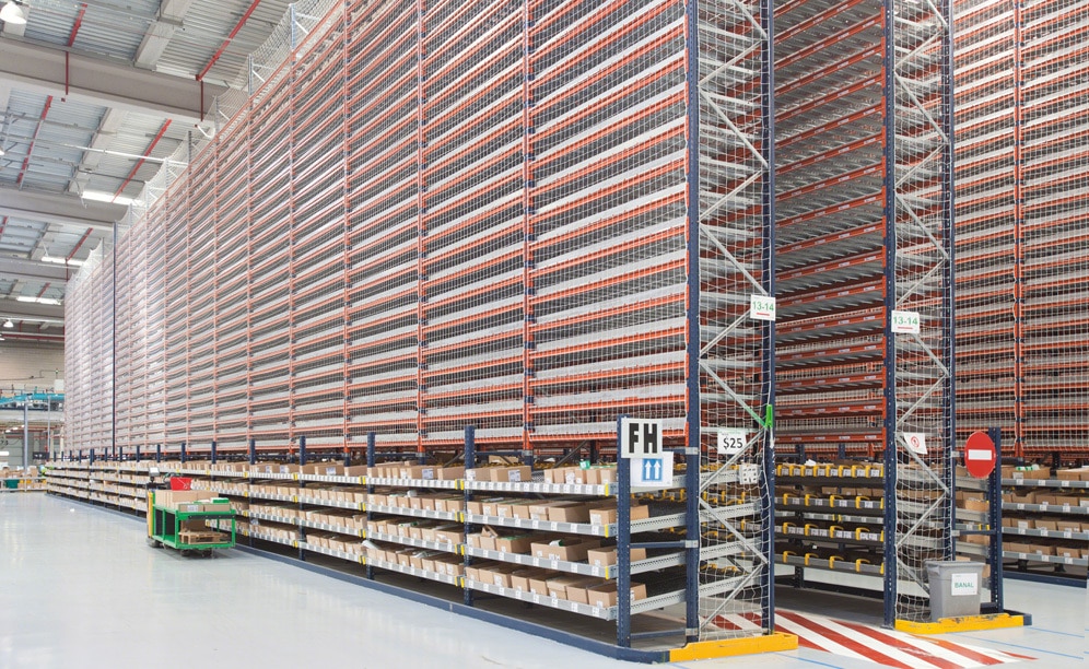 These racks are supplied from narrow aisles where high-level order pickers circulate