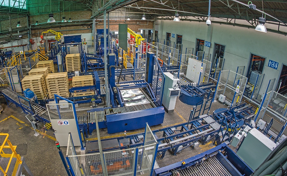 Overhead view of the production conveyor system