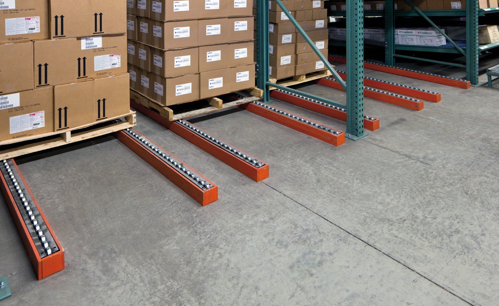 Added height for pallets and steel-encased flow rail keep product safely housed